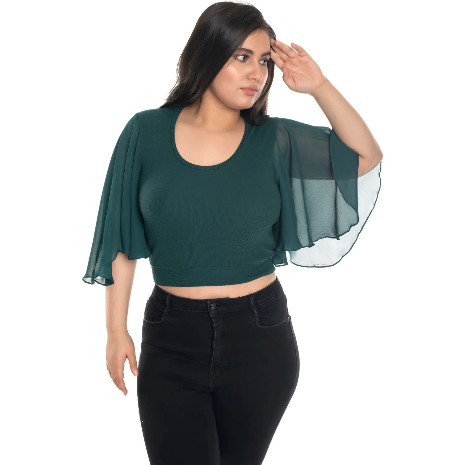 Hosiery Deep Neck Blouses - Butterfly Sleeves - Plus Size