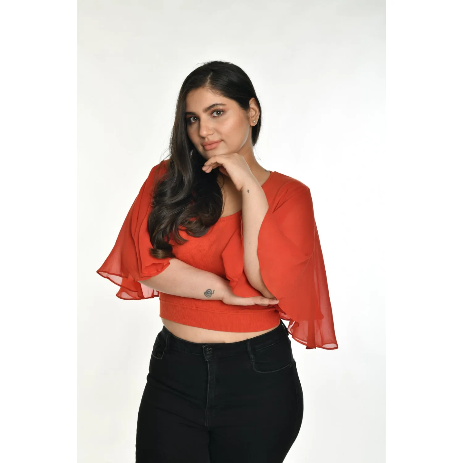 Hosiery Deep Neck Blouses - Butterfly Sleeves - Plus Size