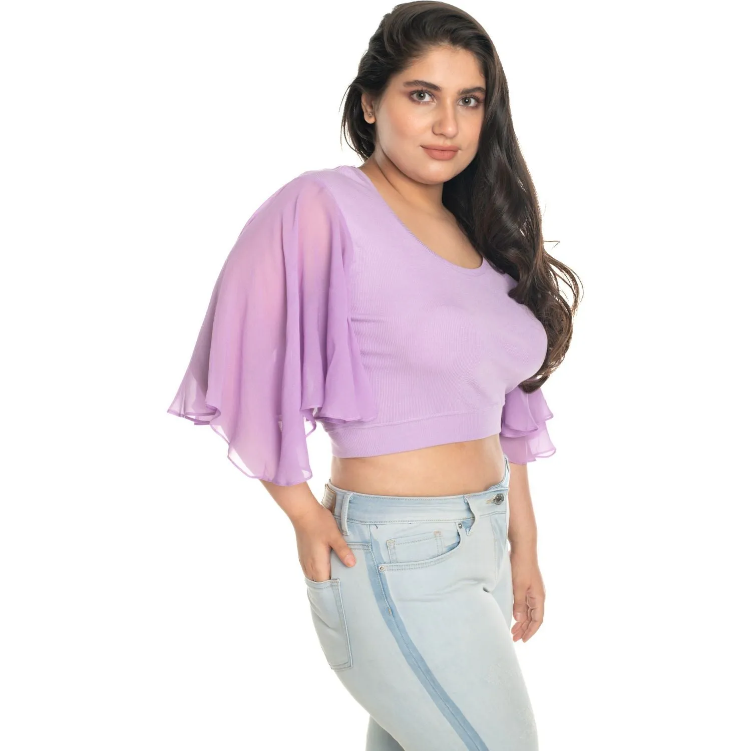 Hosiery Deep Neck Blouses - Butterfly Sleeves - Plus Size