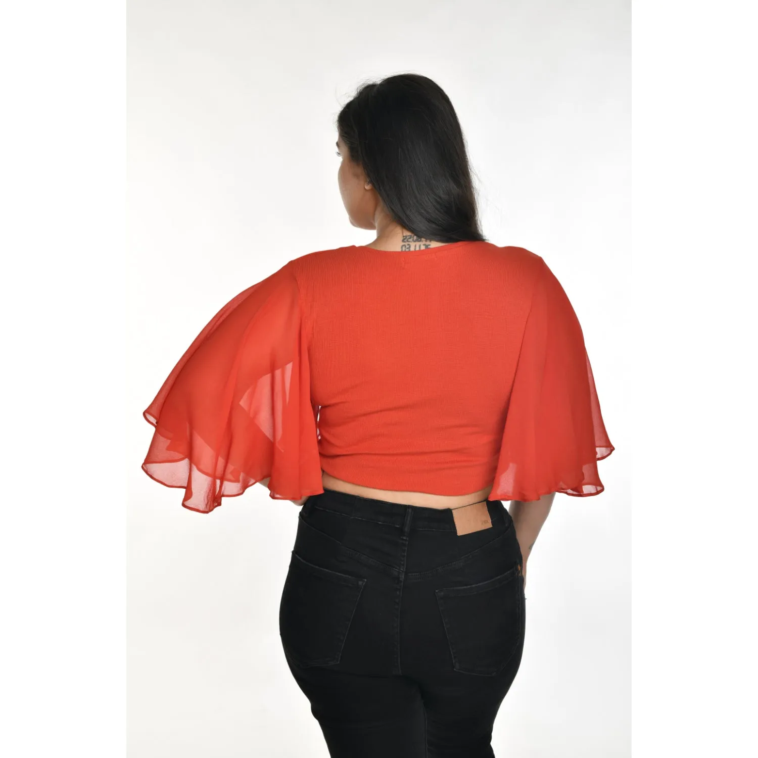 Hosiery Deep Neck Blouses - Butterfly Sleeves - Plus Size