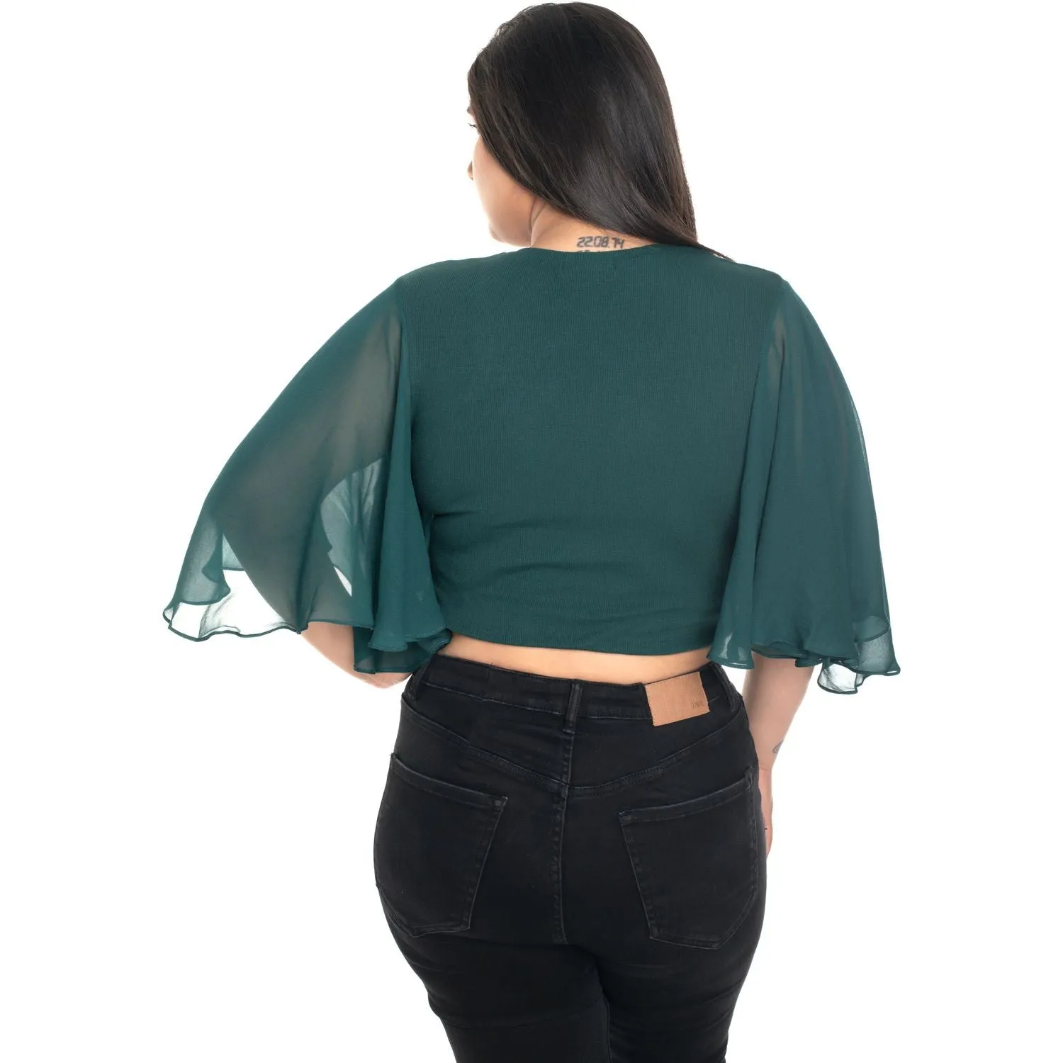 Hosiery Deep Neck Blouses - Butterfly Sleeves - Plus Size