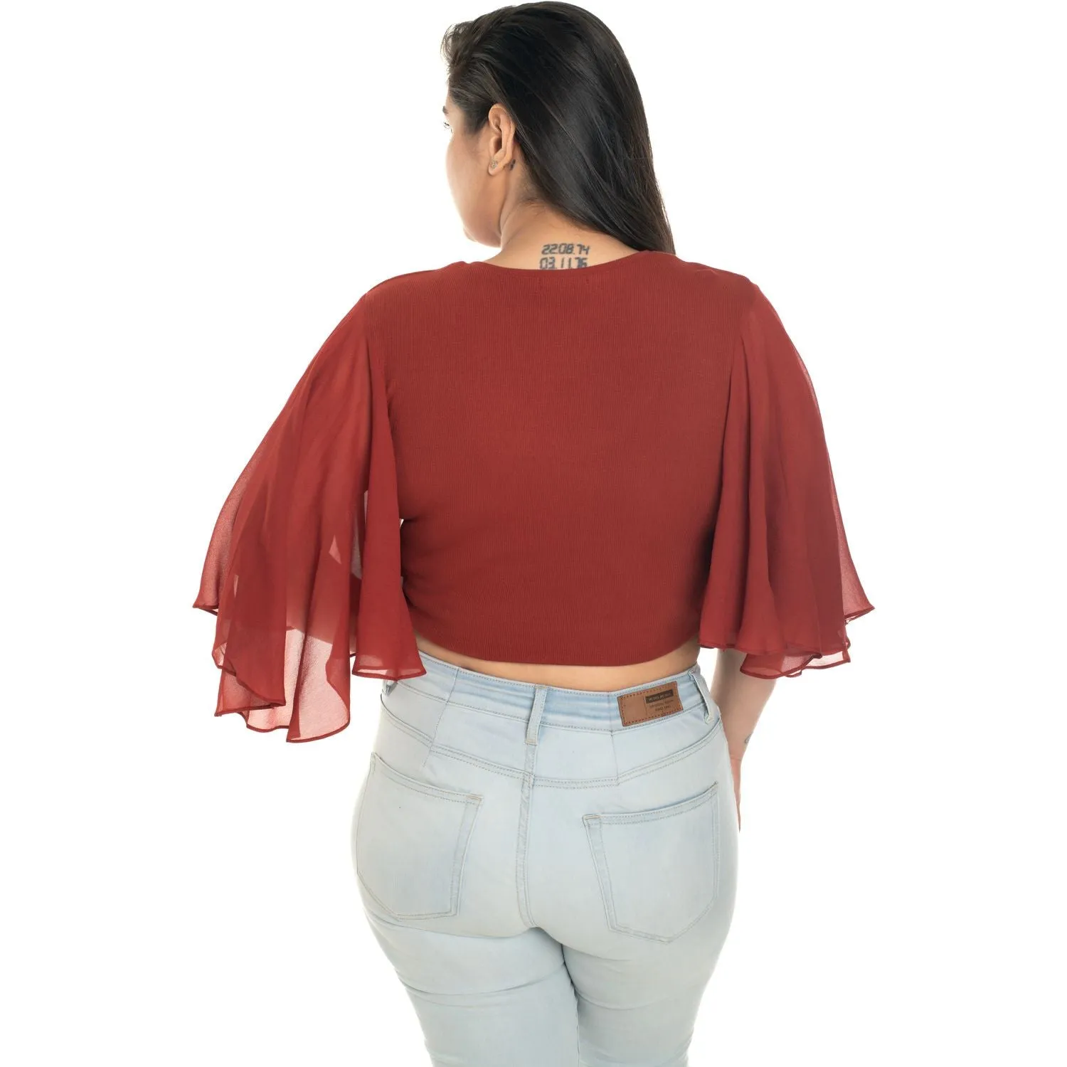 Hosiery Deep Neck Blouses - Butterfly Sleeves - Plus Size