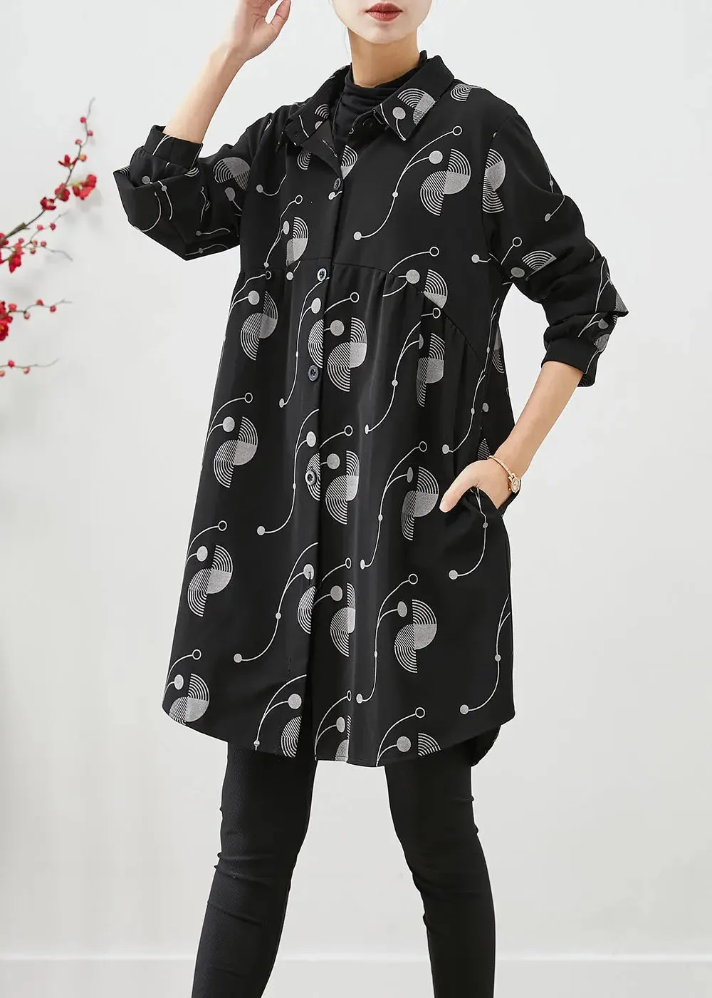 Italian Black Oversized Print Cotton Trench Fall ML3208