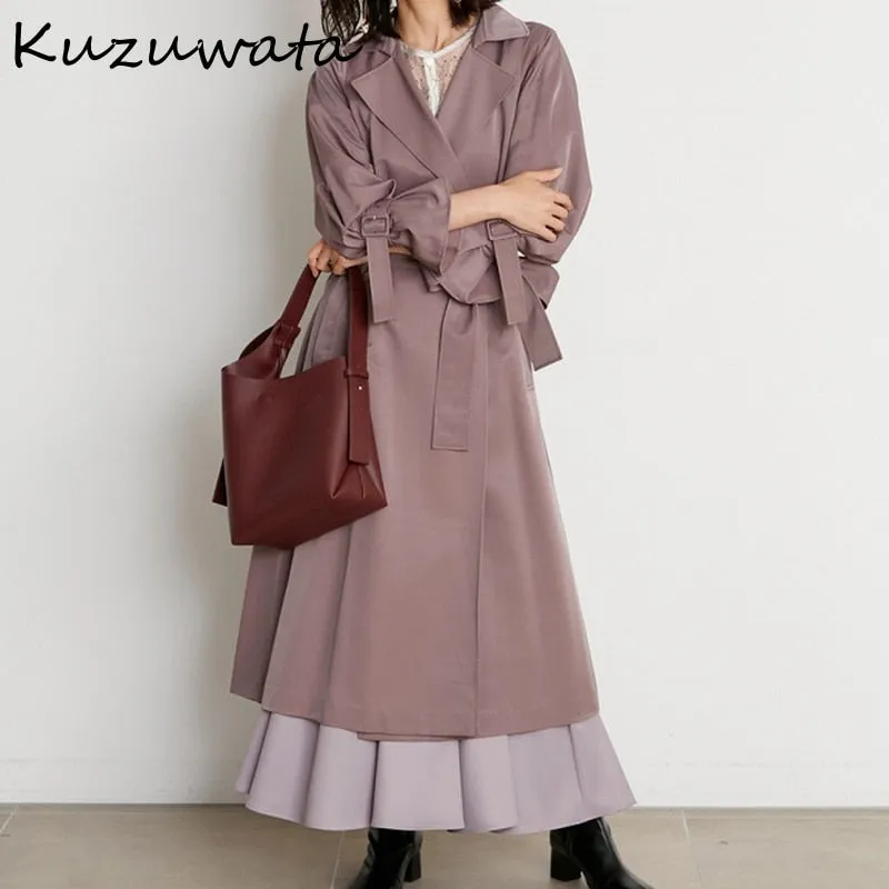 Joskaa Christmas Gift Kuzuwata Turn Down Collar Long Sleeve Solid Sashes Mid-length Trench 2024 Autumn New Women Jacket Office Lady Temperament Coats