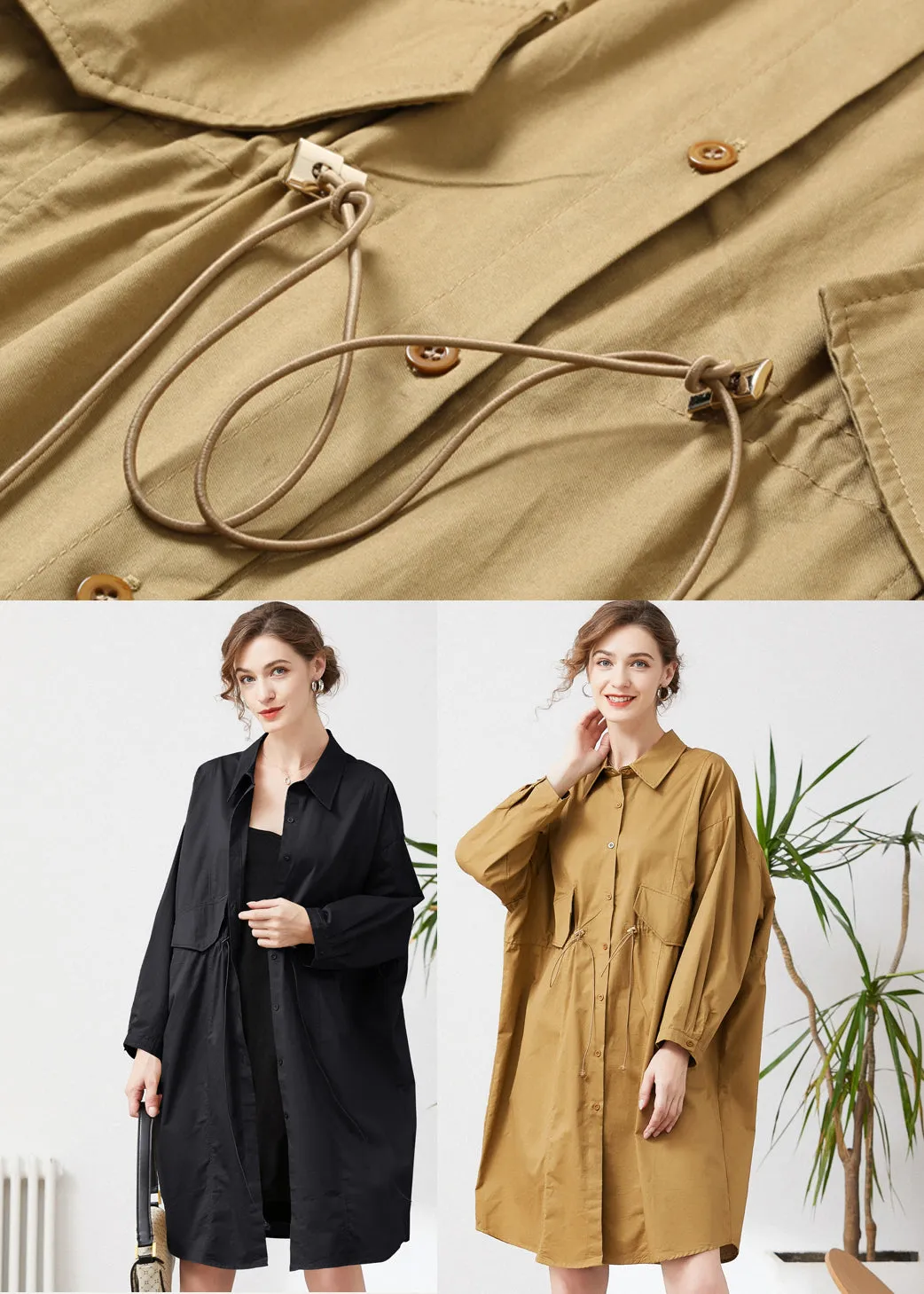 Khaki Cotton Loose Trench Peter Pan Collar Drawstring Spring