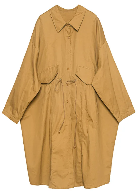 Khaki Cotton Loose Trench Peter Pan Collar Drawstring Spring