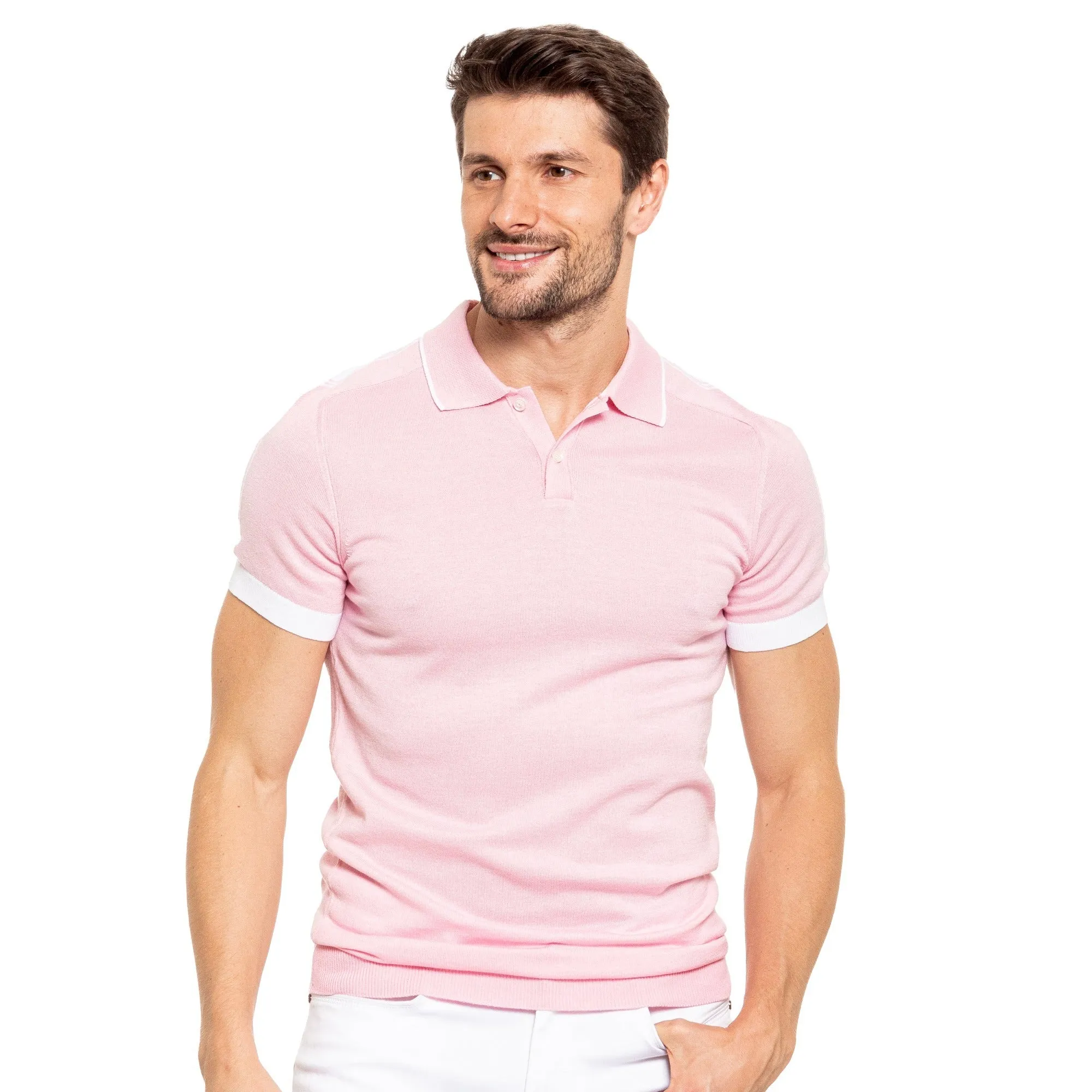 Knit Polo W/ Shoulder Design - Pink