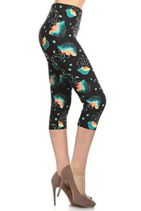 Leggings Depot High Waisted Camouflage & Multiple Print Leggings for Women-Capri-R951, Jumpin' Jellyfish, Plus Size