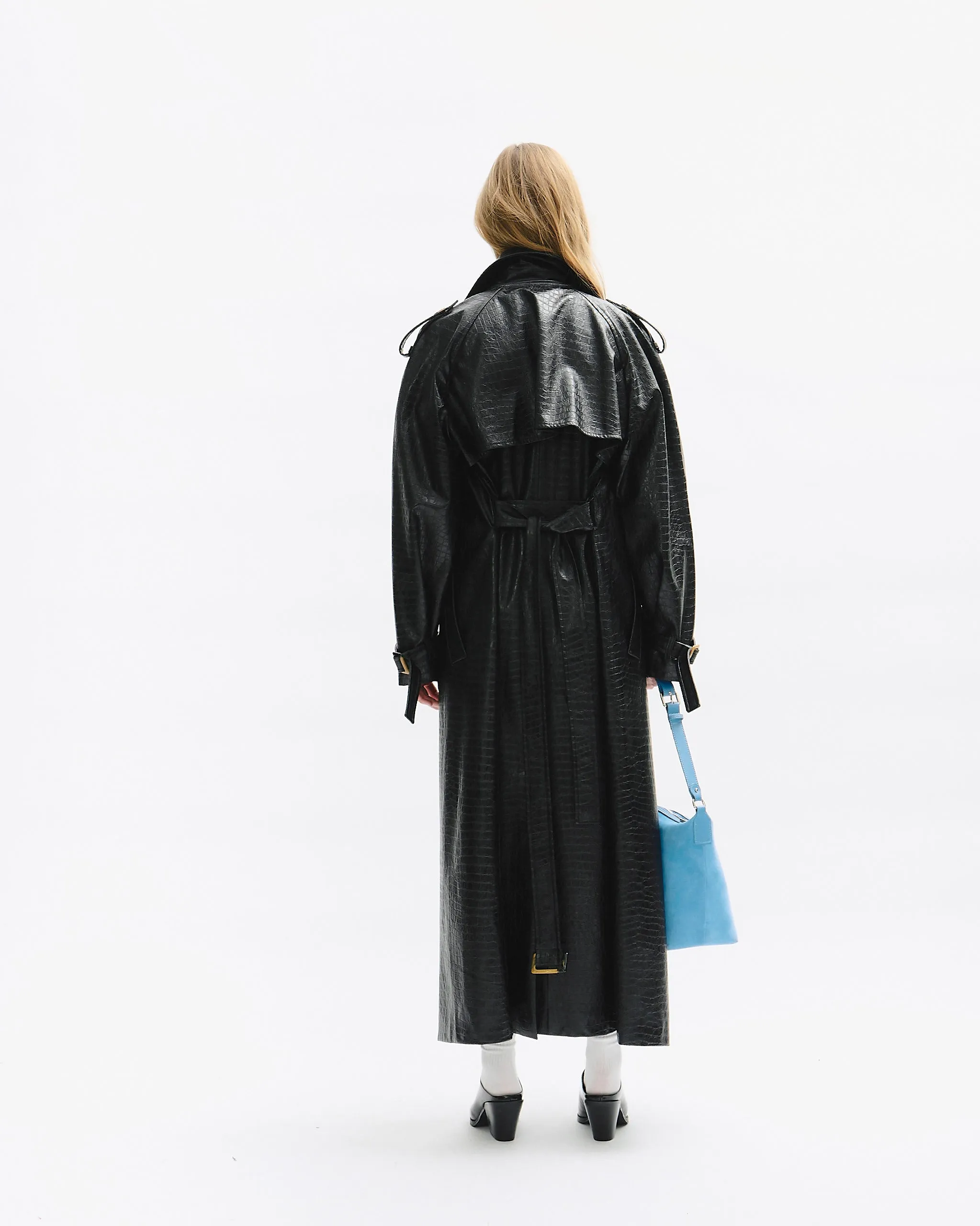 Long Oversize Vegan Leather Croco Print Trench