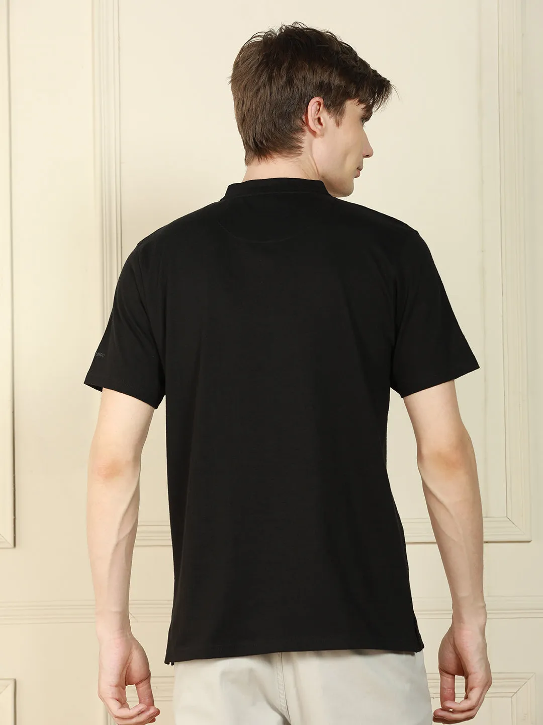 Men's Black Henley Neck Solid Cotton T-Shirt