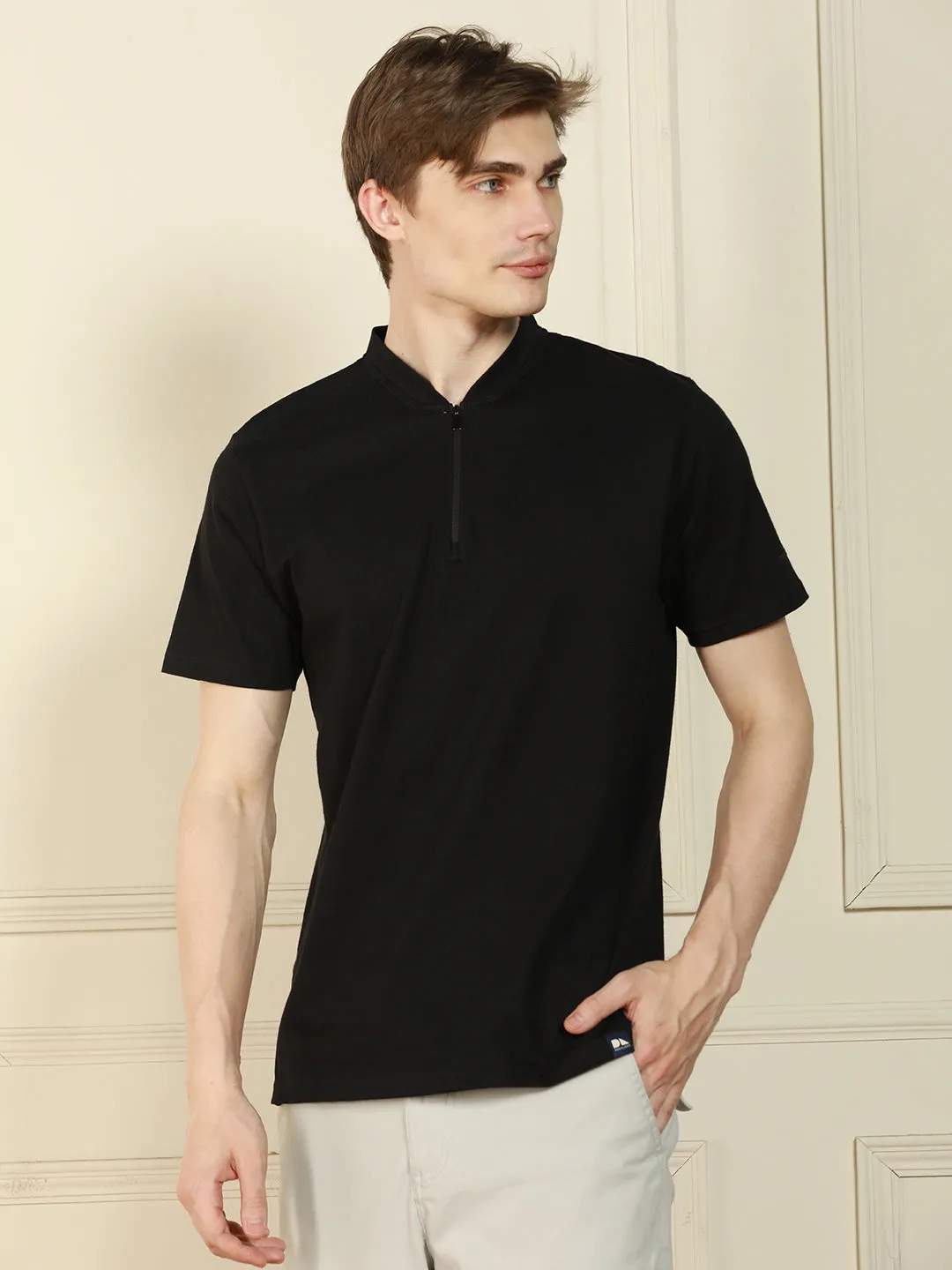 Men's Black Henley Neck Solid Cotton T-Shirt