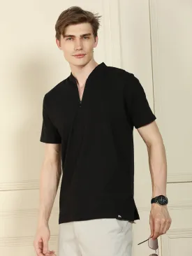 Men's Black Henley Neck Solid Cotton T-Shirt