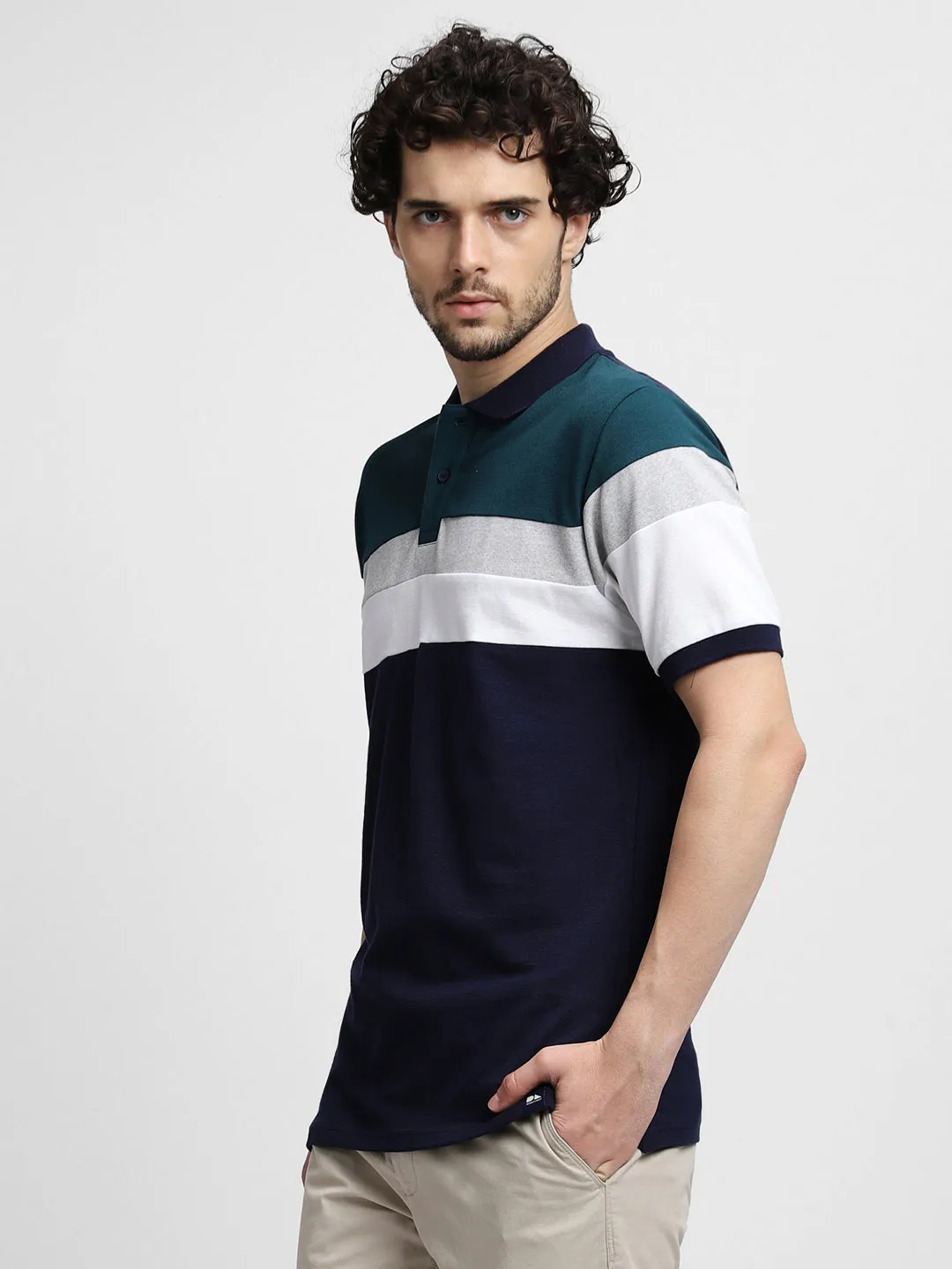 Men's Green Striped Polo Collar T-shirt