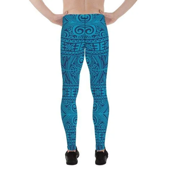 Mens Leggings - Blue Tribal Maori Tattoo Leggings