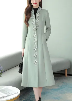 Mint Green Embroideried Floral Woolen Maxi Trench Coat Long Sleeve LY1714