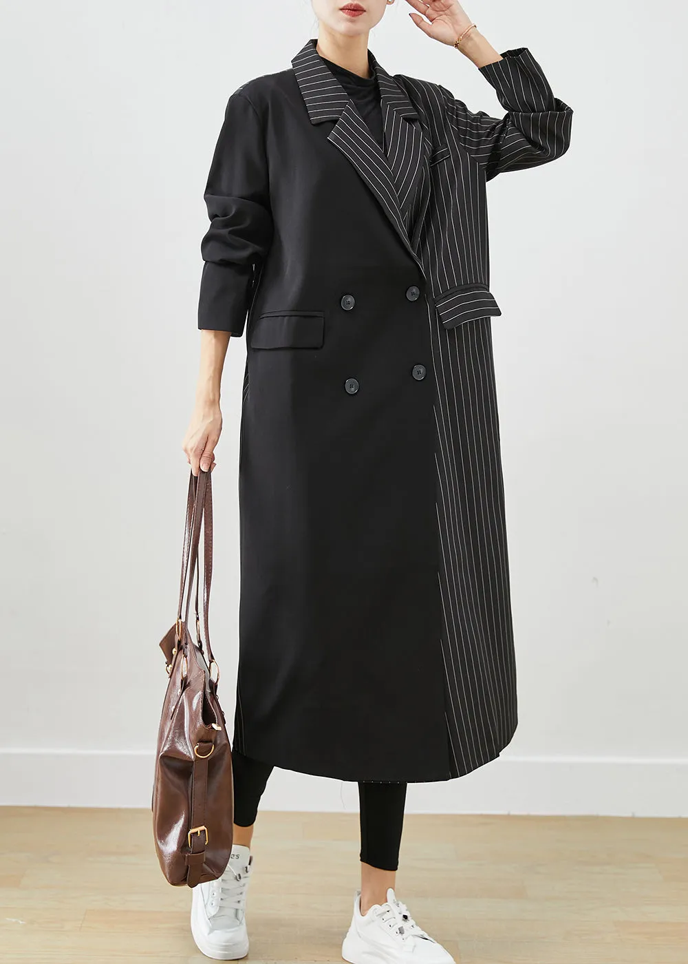 Modern Black Asymmetrical Striped Spandex Trench Fall ML2527