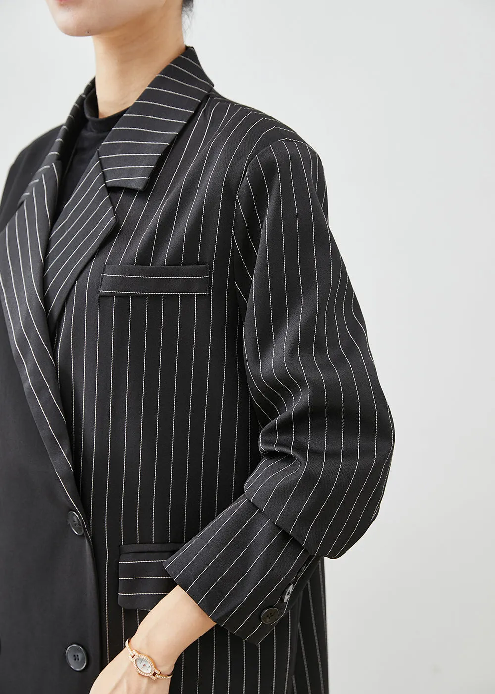 Modern Black Asymmetrical Striped Spandex Trench Fall ML2527