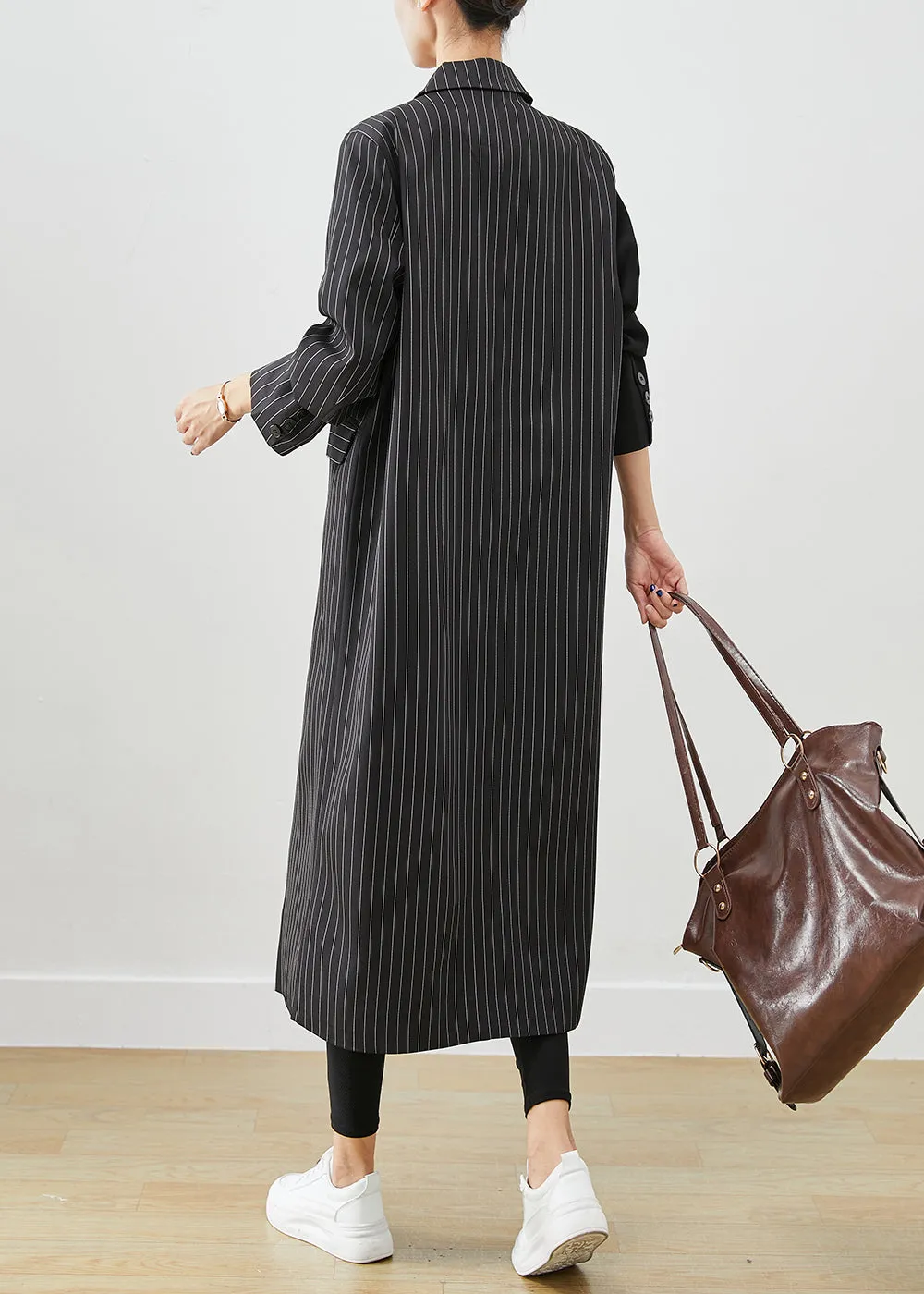 Modern Black Asymmetrical Striped Spandex Trench Fall ML2527