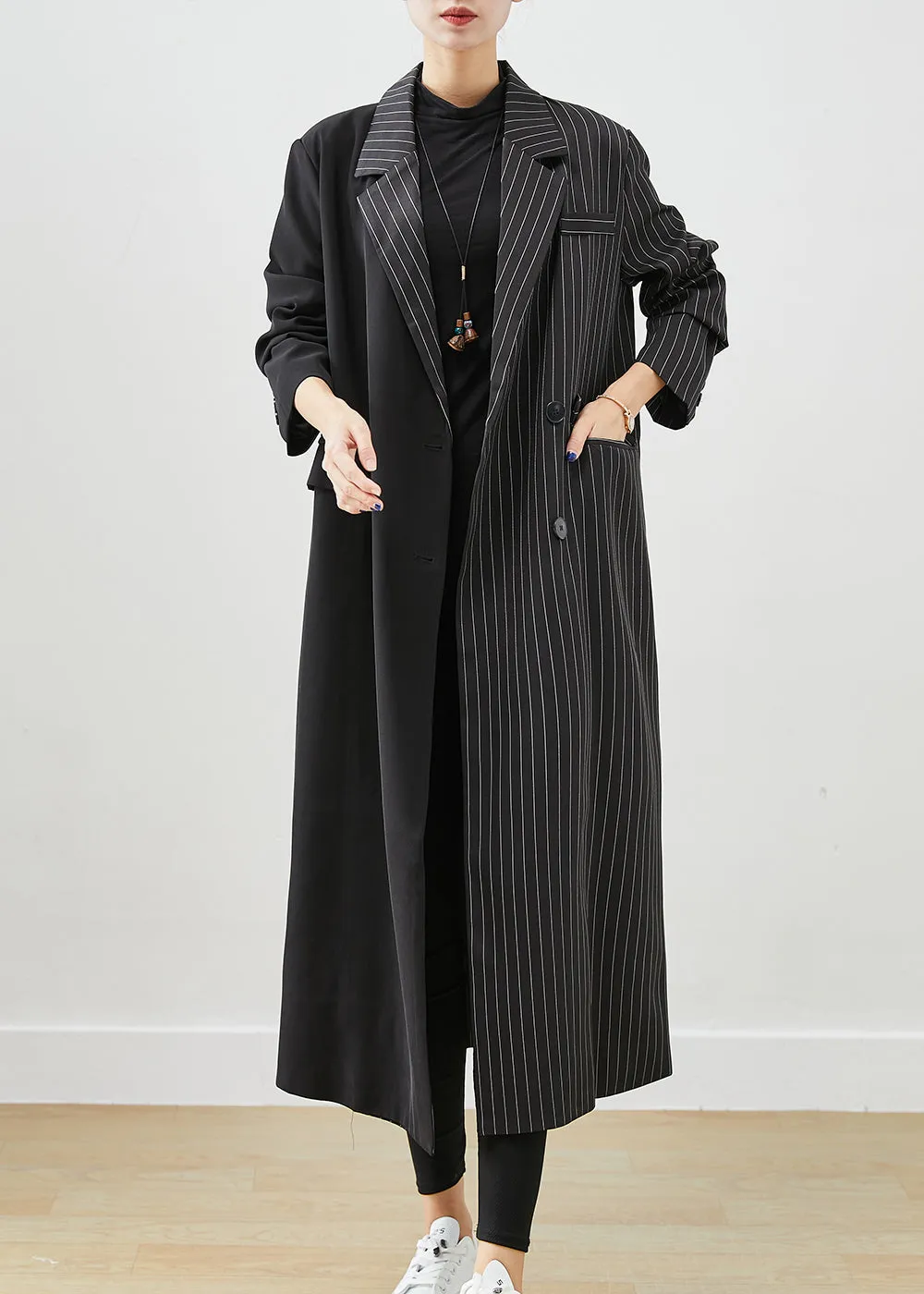 Modern Black Asymmetrical Striped Spandex Trench Fall ML2527