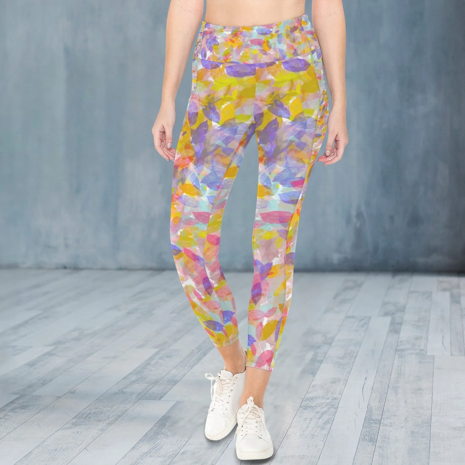 Multi Painted Leaves Leggings with Pockets up to 5 XL (FWS)