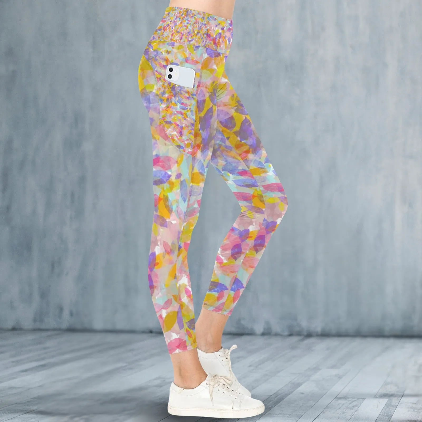 Multi Painted Leaves Leggings with Pockets up to 5 XL (FWS)