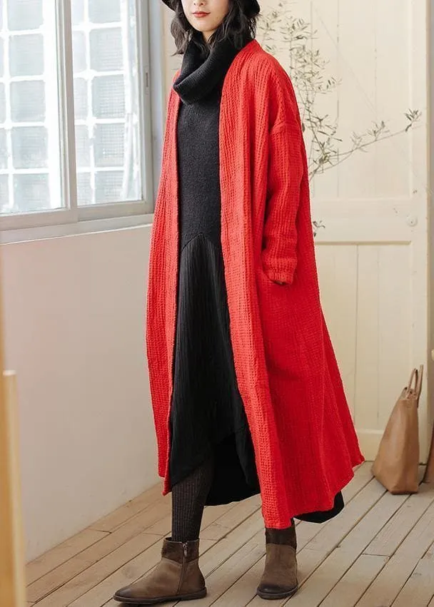 Natural red Plus Size trench coat Outfits pockets fall women coats