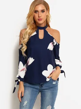 OEM ODM Halter Cold Shoulder Floral Print Hollow Self-Tie Long Sleeve Navy Blouses