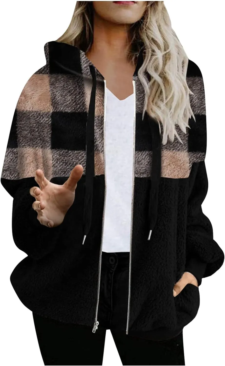 Oversized Flannel Jacket For Women,Flannel Jackets For Women Coat For Women Womens Rain Womens Zipper Hood Loose Cardigan Plaid Panel Plush Jacket Baggy Short Coat(Khaki,X-Large)