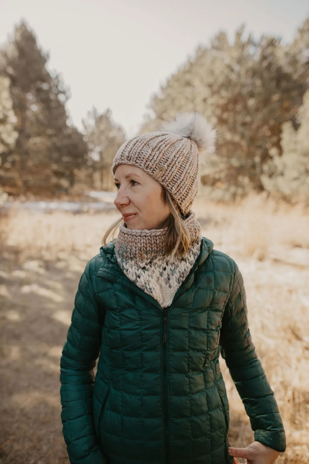 Pearl Gray Merino Wool Knit Hat with Faux Fur Pom Pom