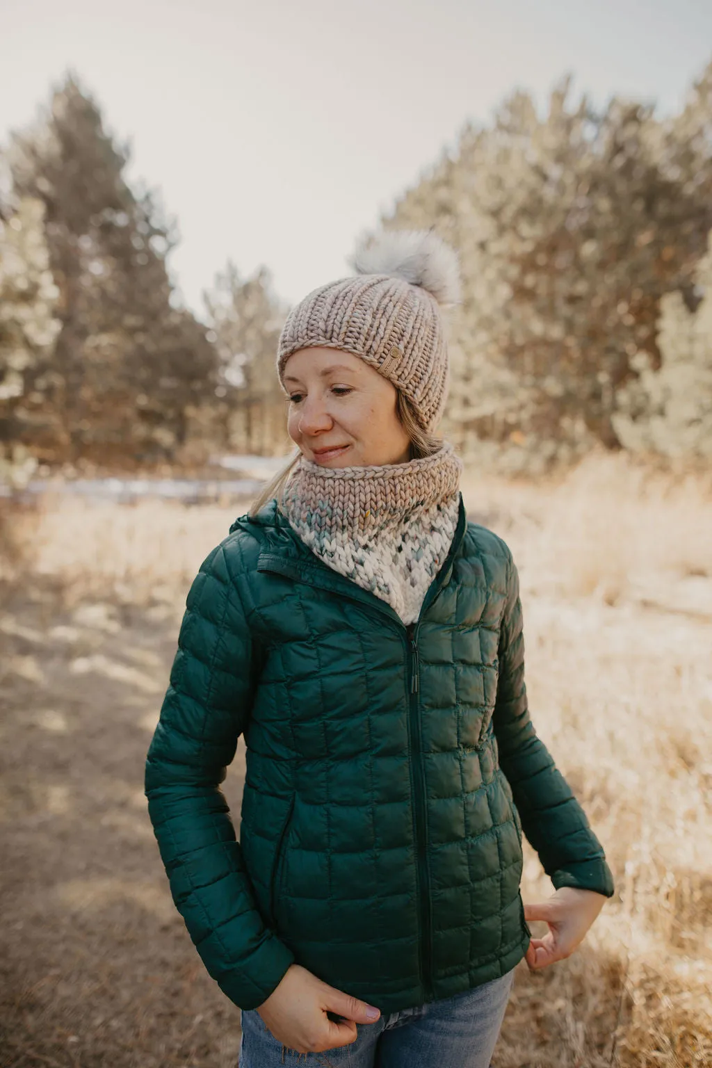 Pearl Gray Merino Wool Knit Hat with Faux Fur Pom Pom