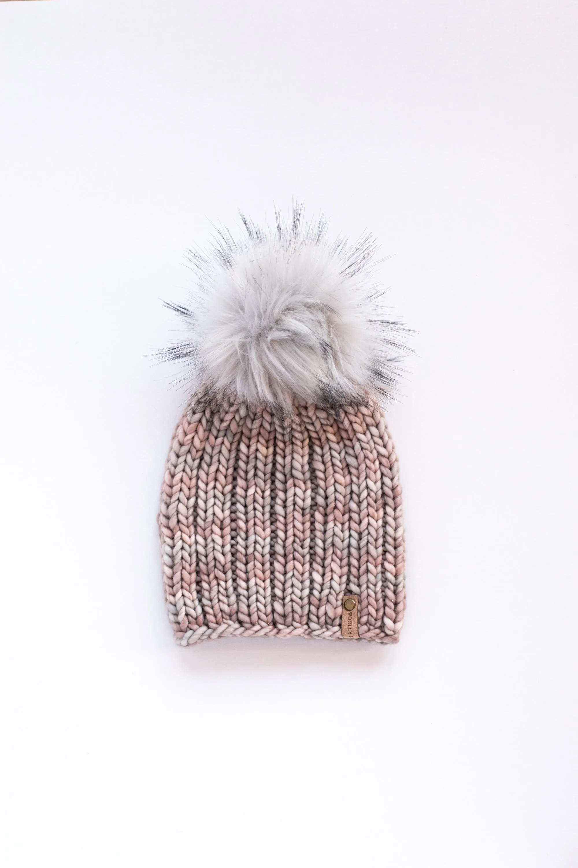 Pearl Gray Merino Wool Knit Hat with Faux Fur Pom Pom