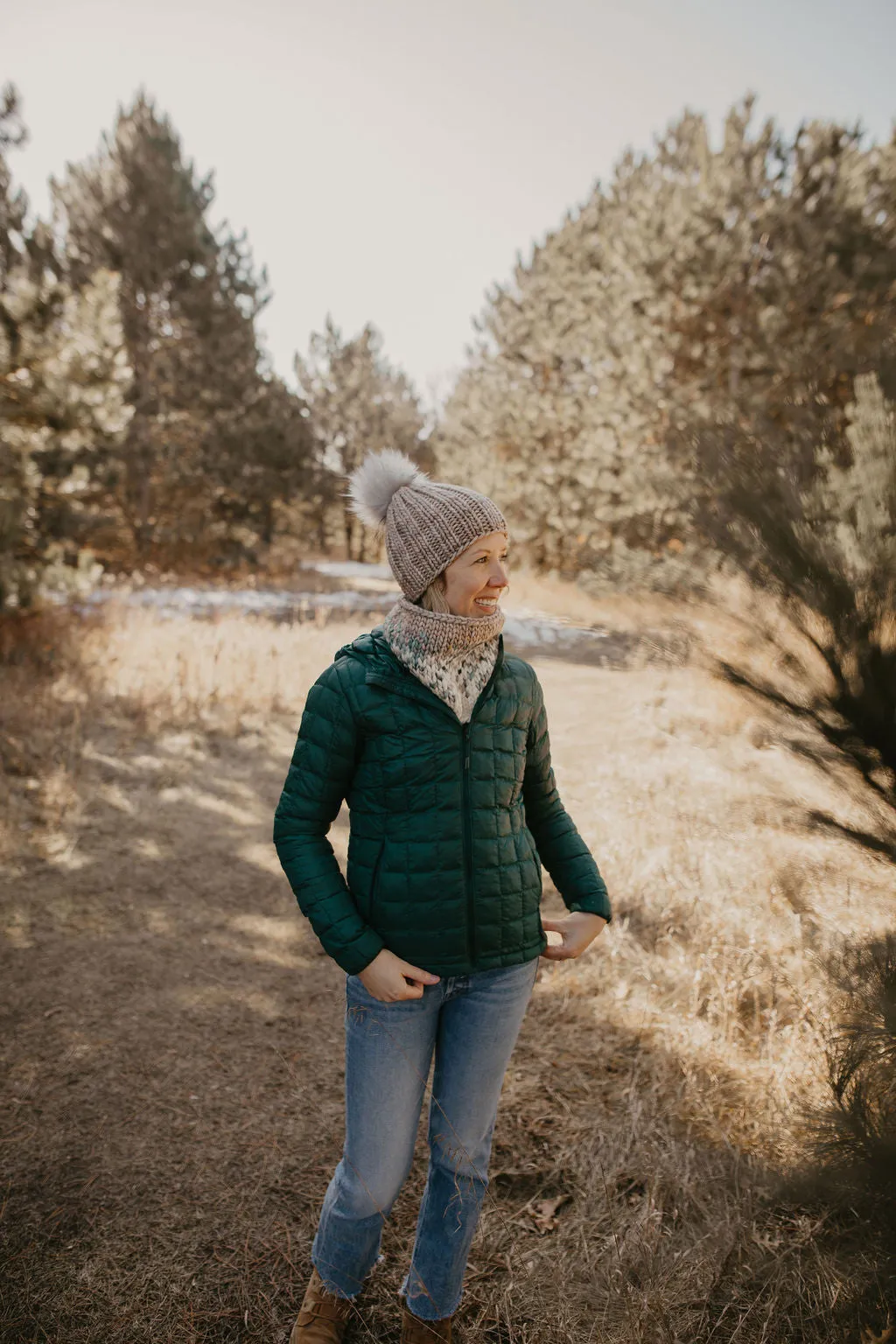 Pearl Gray Merino Wool Knit Hat with Faux Fur Pom Pom