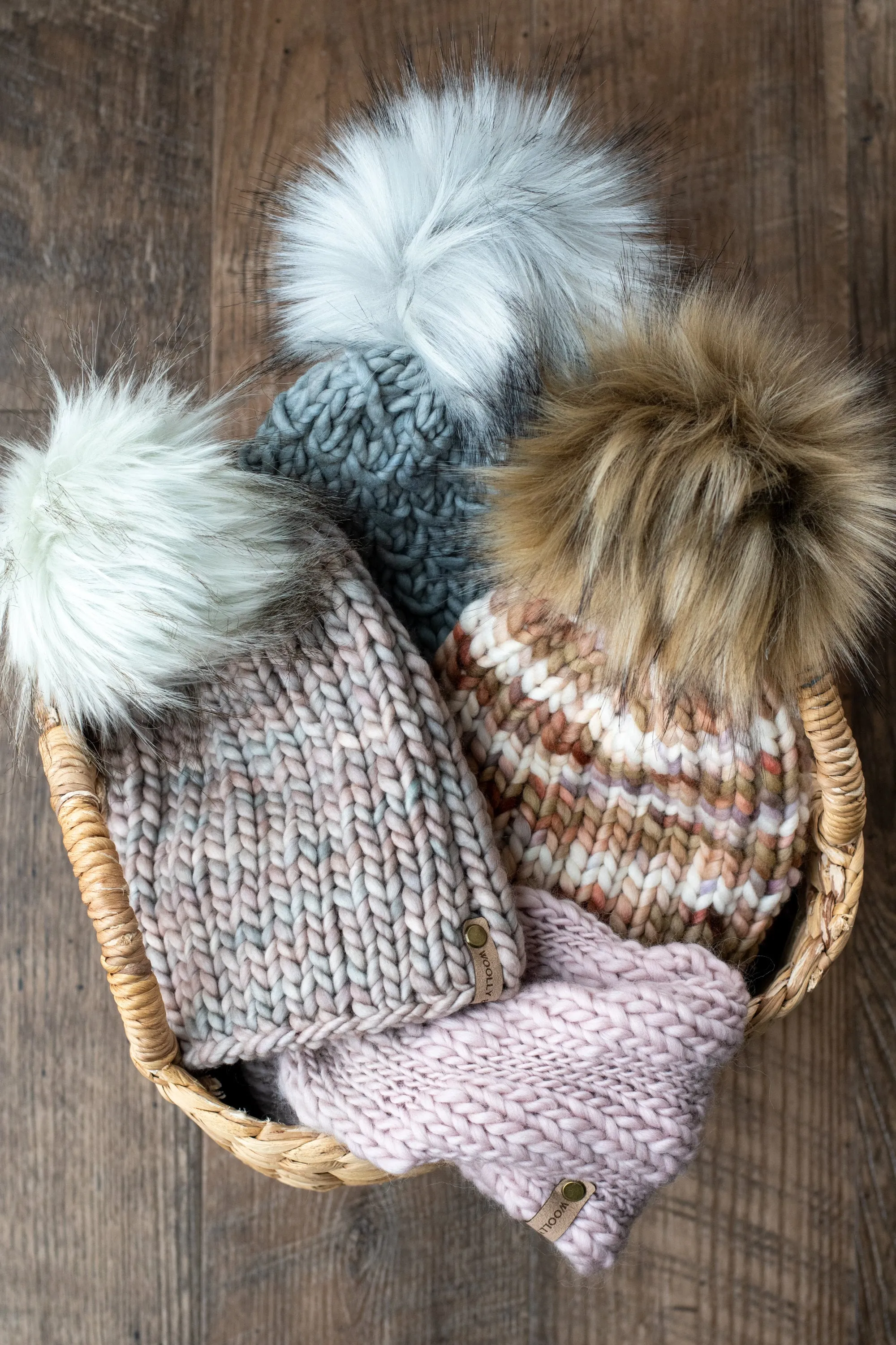 Pearl Gray Merino Wool Knit Hat with Faux Fur Pom Pom