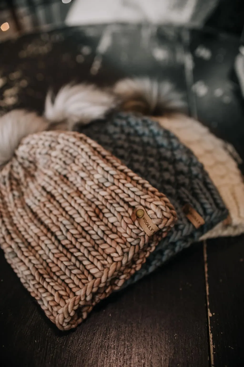 Pearl Gray Merino Wool Knit Hat with Faux Fur Pom Pom