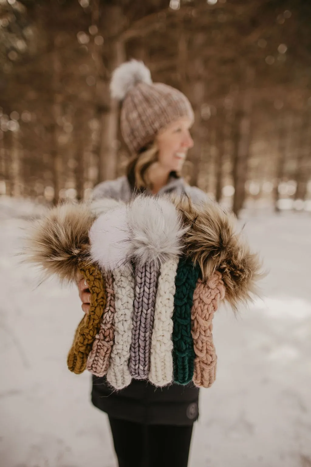 Pearl Gray Merino Wool Knit Hat with Faux Fur Pom Pom