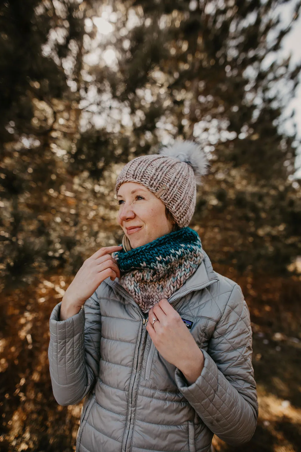 Pearl Gray Merino Wool Knit Hat with Faux Fur Pom Pom