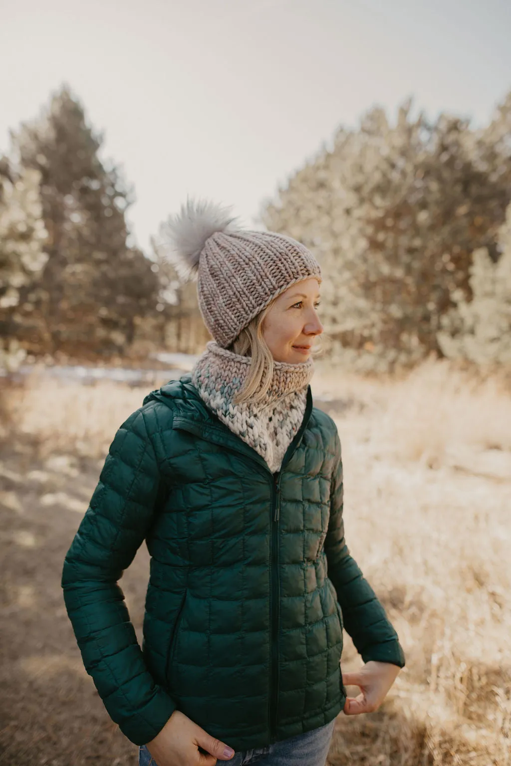 Pearl Gray Merino Wool Knit Hat with Faux Fur Pom Pom