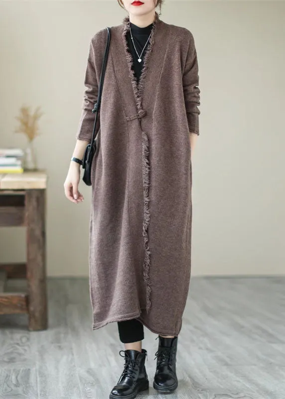 Plus Size Chocolate Button Knit Coats Long Sleeve