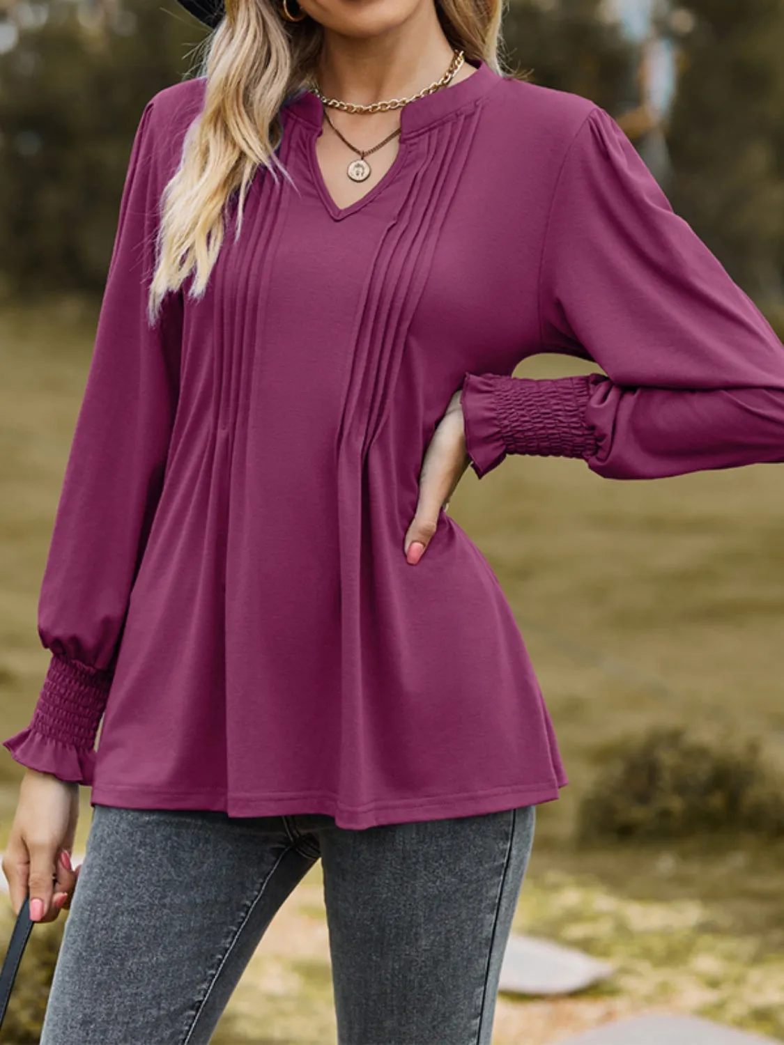 Ruched Notched Long Sleeve Blouses | Trendy Blouses | Fall Blouses