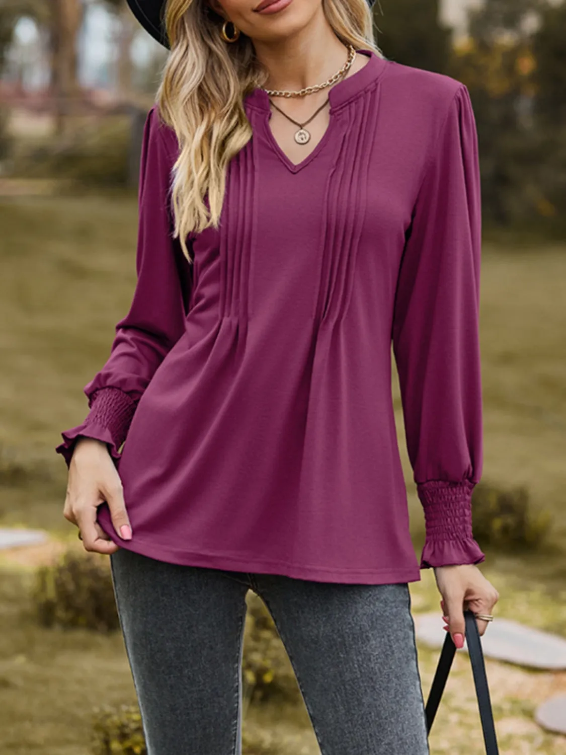 Ruched Notched Long Sleeve Blouses | Trendy Blouses | Fall Blouses