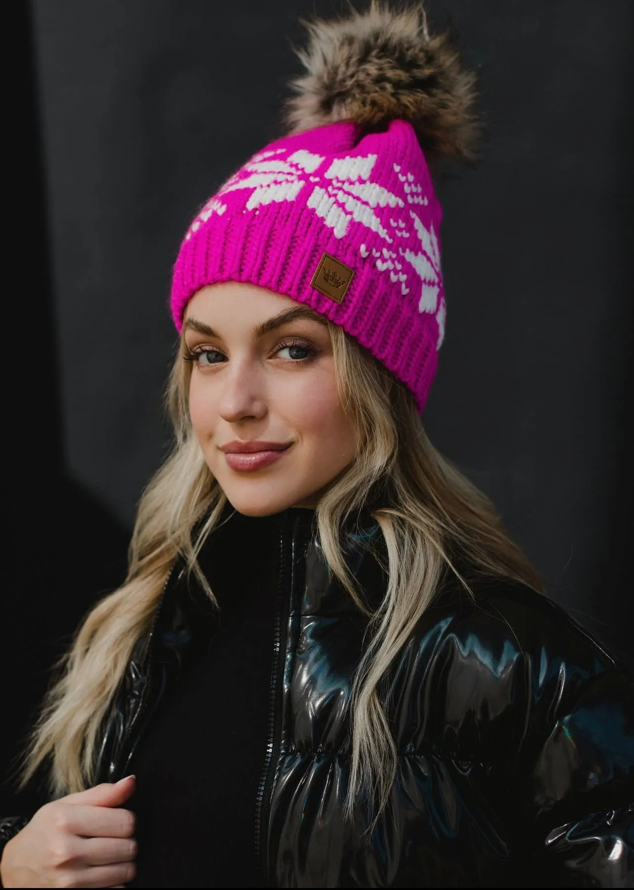 Snowflake Knit Hat with Faux Fur Pom