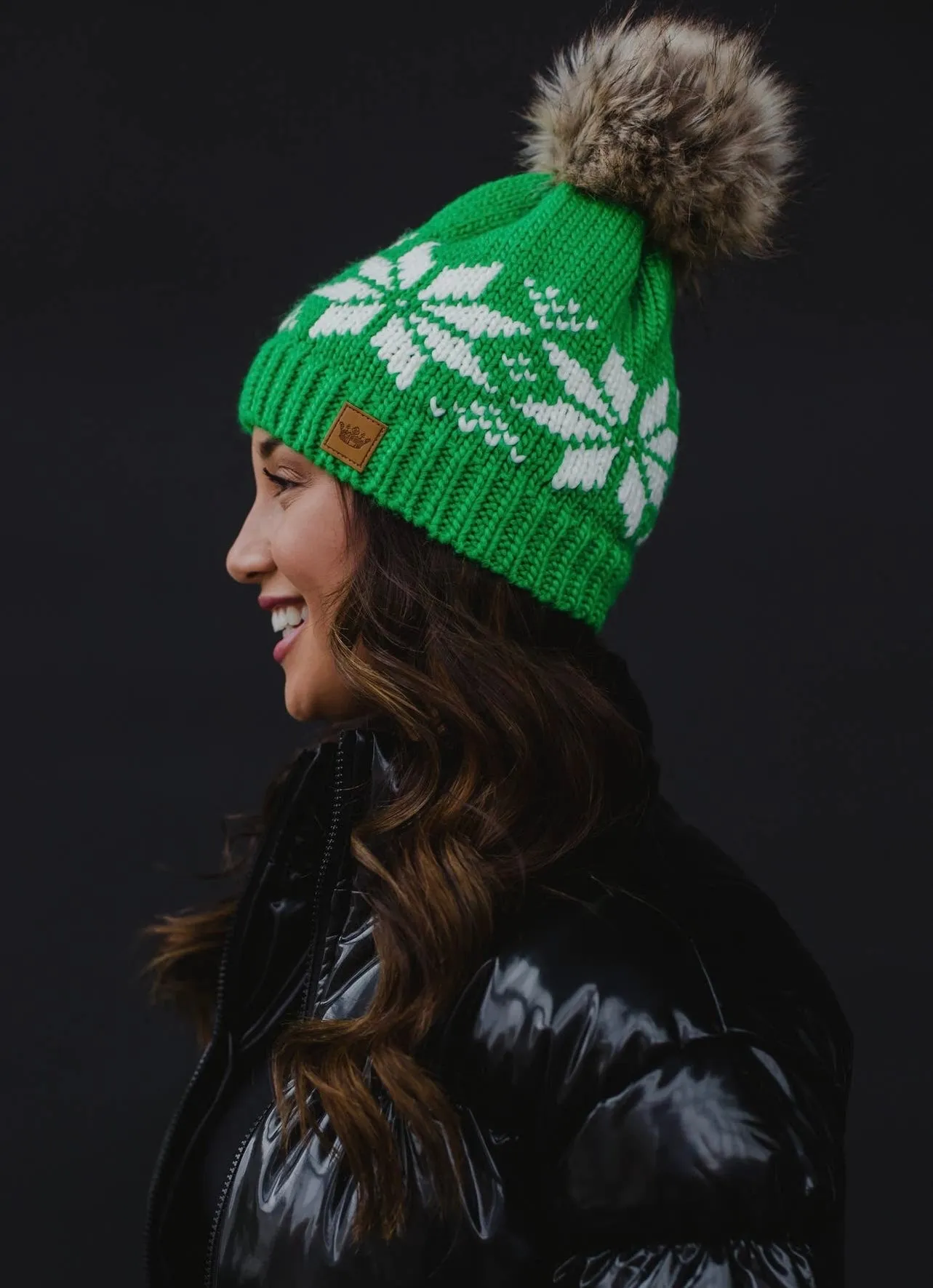 Snowflake Knit Hat with Faux Fur Pom