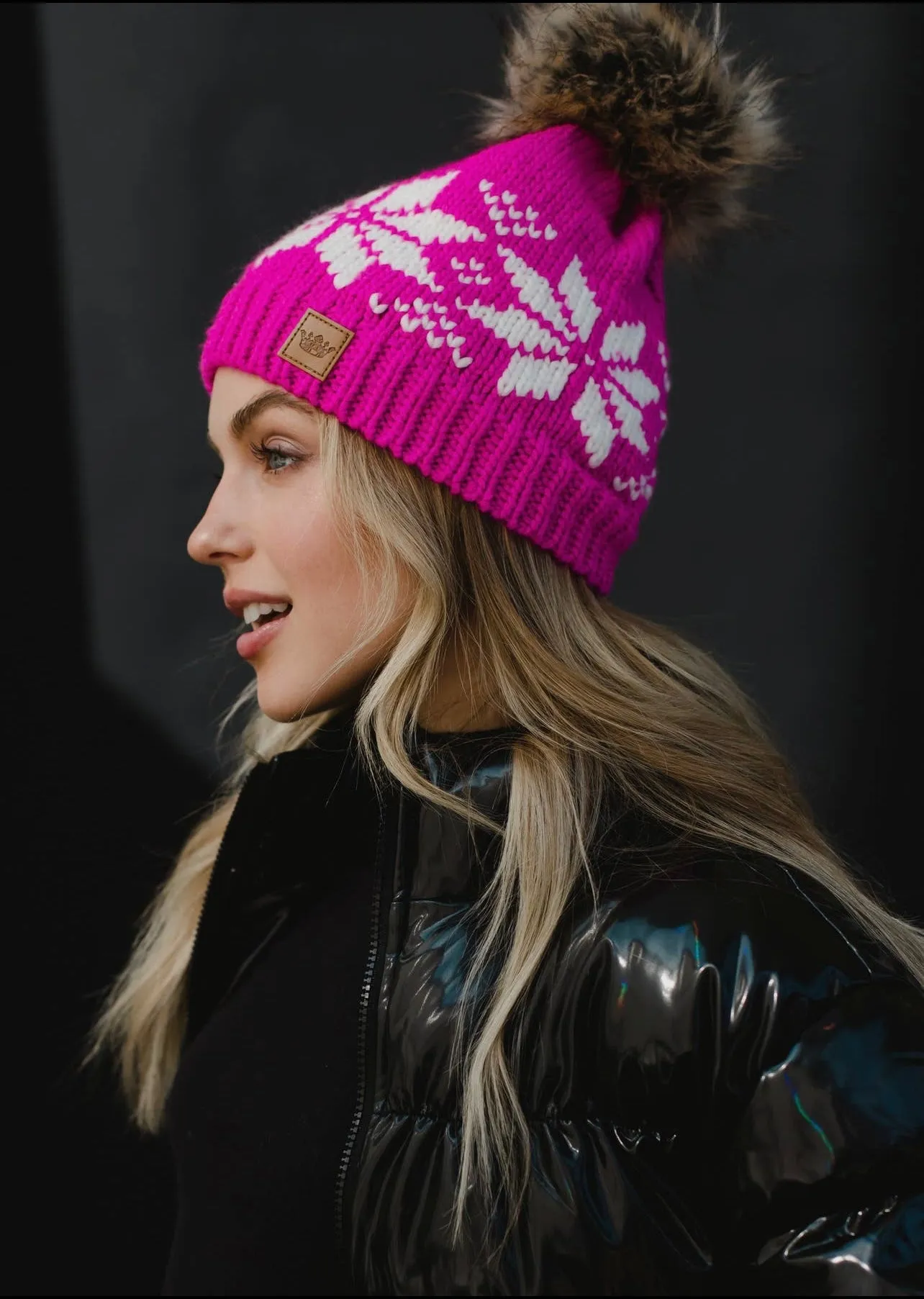 Snowflake Knit Hat with Faux Fur Pom