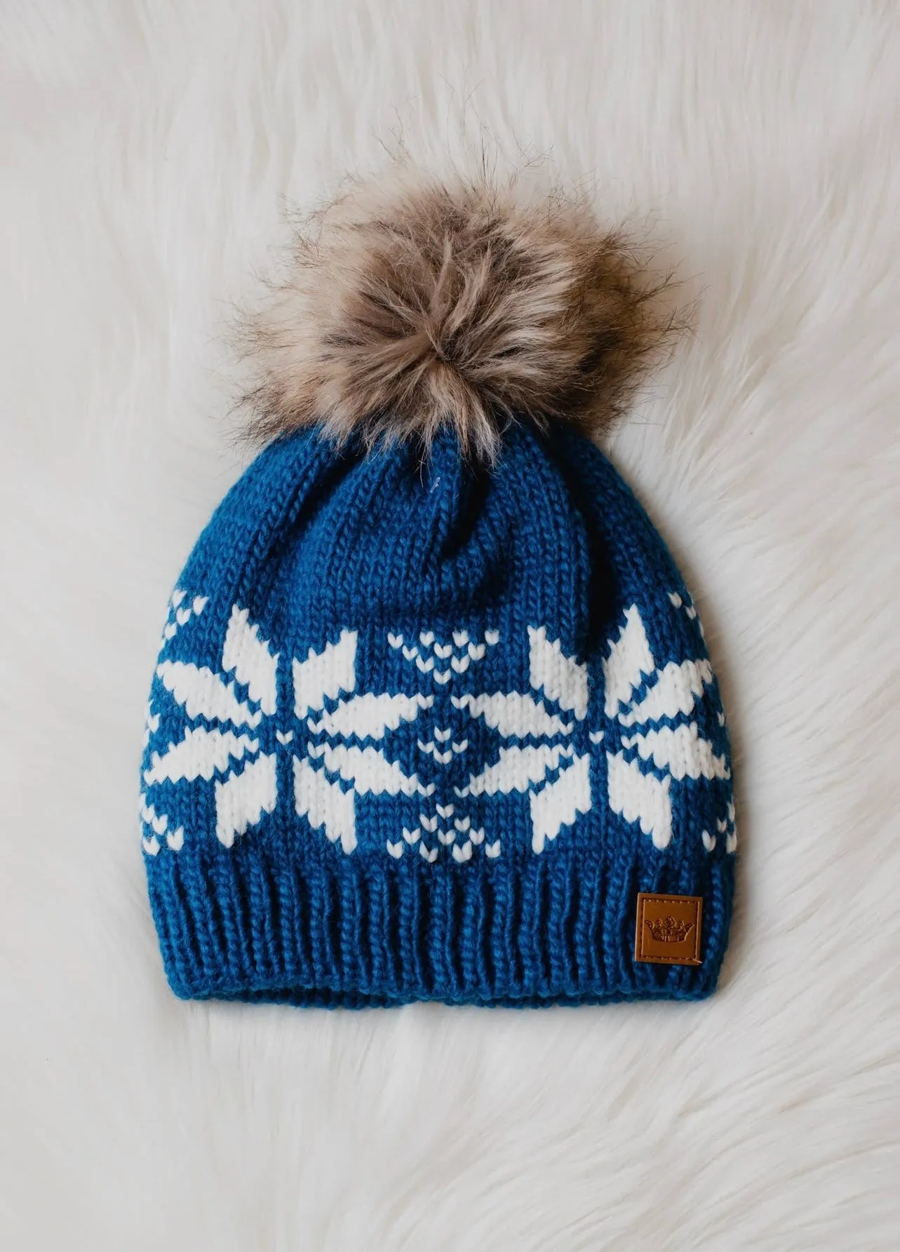 Snowflake Knit Hat with Faux Fur Pom