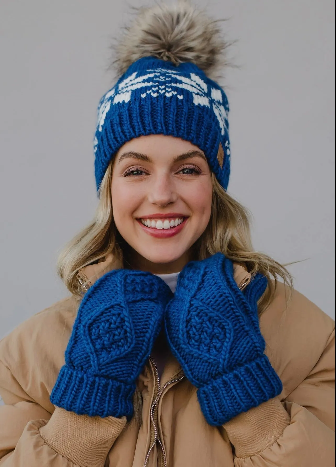 Snowflake Knit Hat with Faux Fur Pom