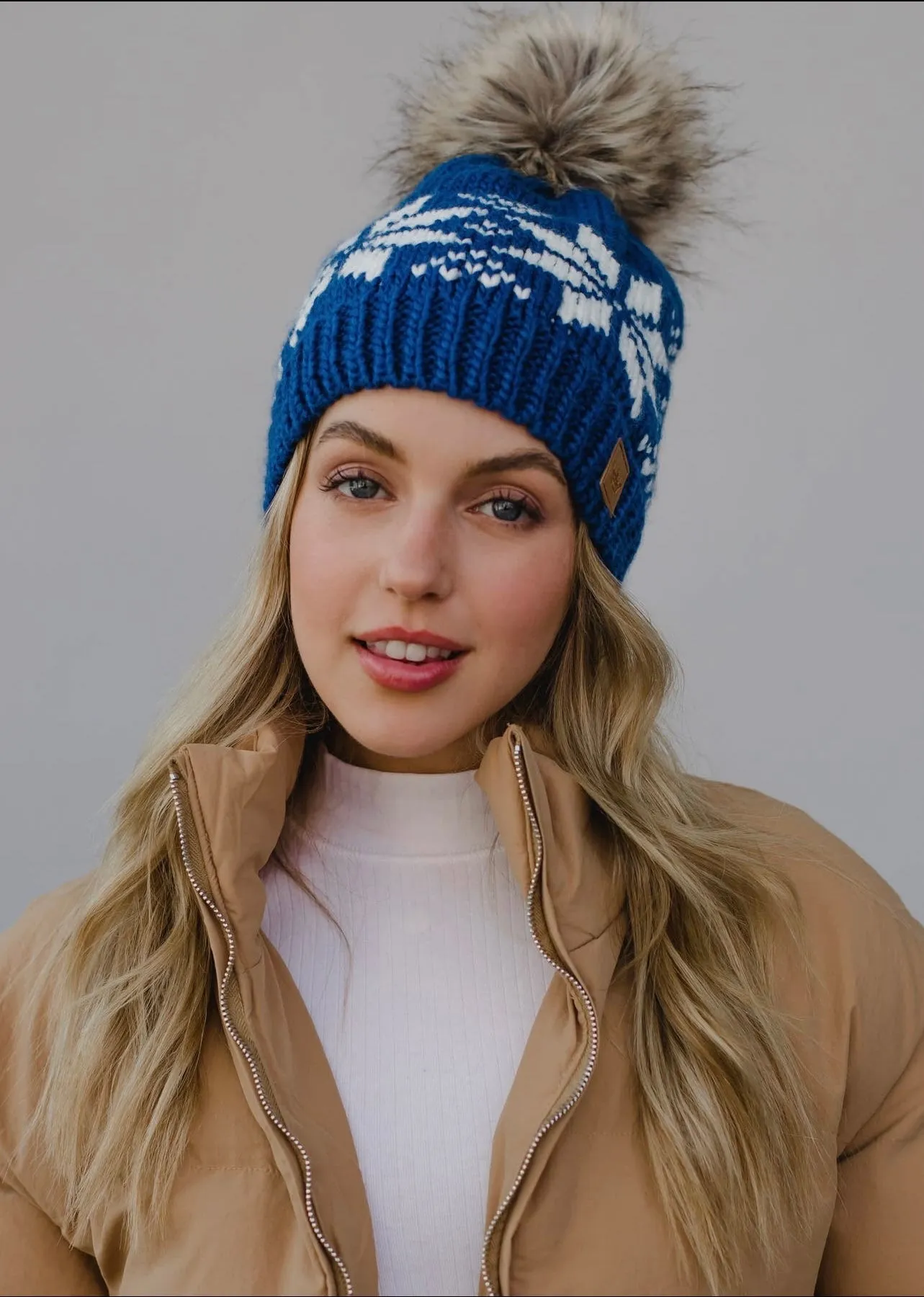 Snowflake Knit Hat with Faux Fur Pom