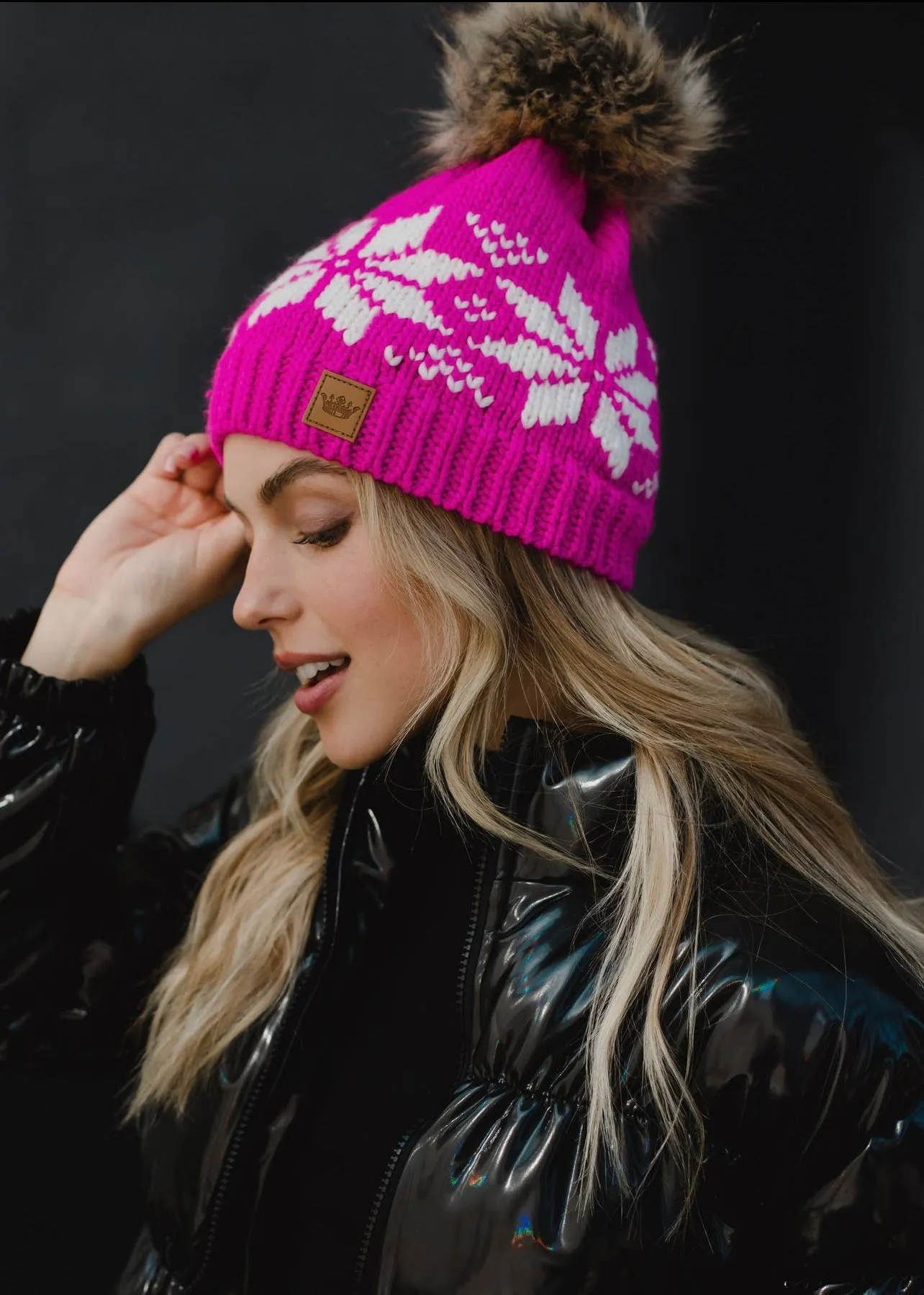 Snowflake Knit Hat with Faux Fur Pom