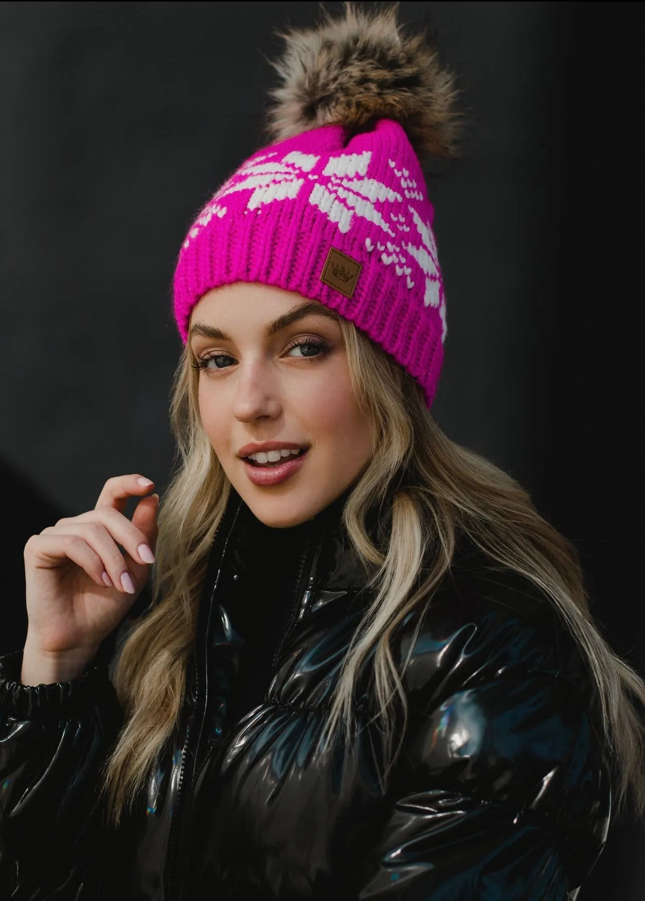 Snowflake Knit Hat with Faux Fur Pom