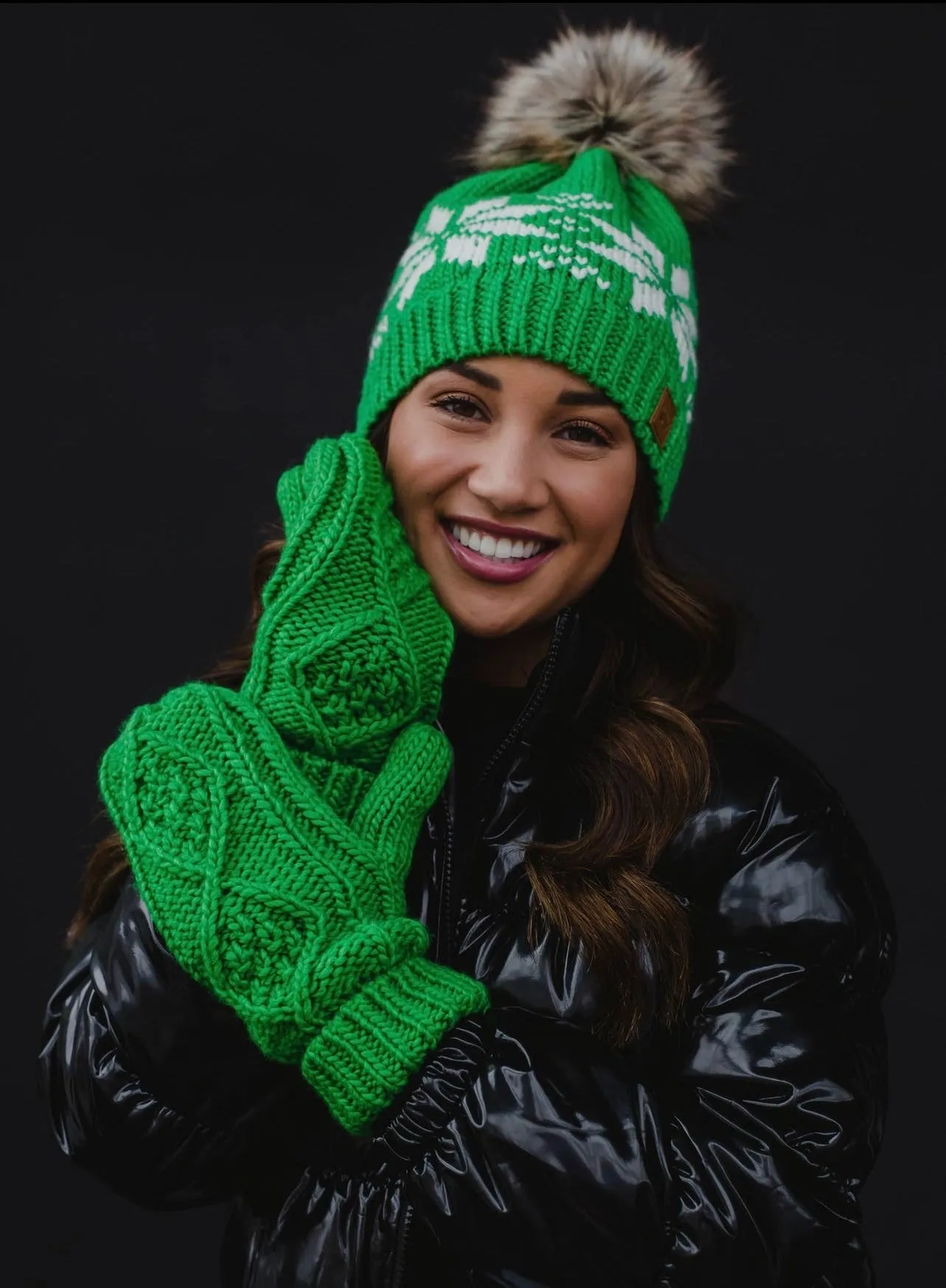 Snowflake Knit Hat with Faux Fur Pom