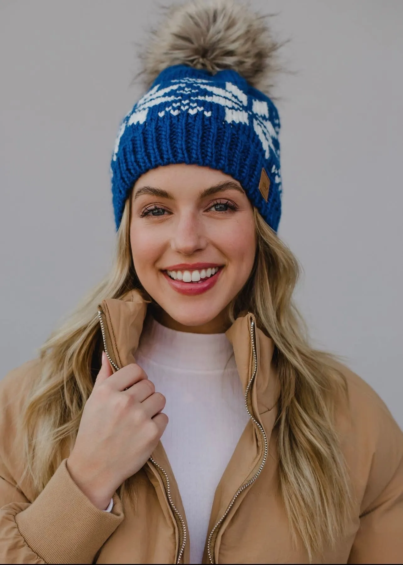 Snowflake Knit Hat with Faux Fur Pom